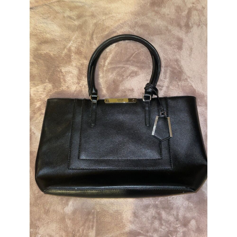 GUESS Black Faux Leather Satchel Bag Top Handle Tote Purse Tan Monogram Interior